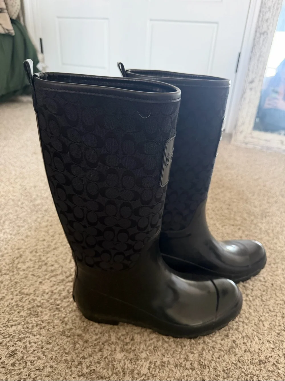Coach Tall Rain Boots, Black Signature print